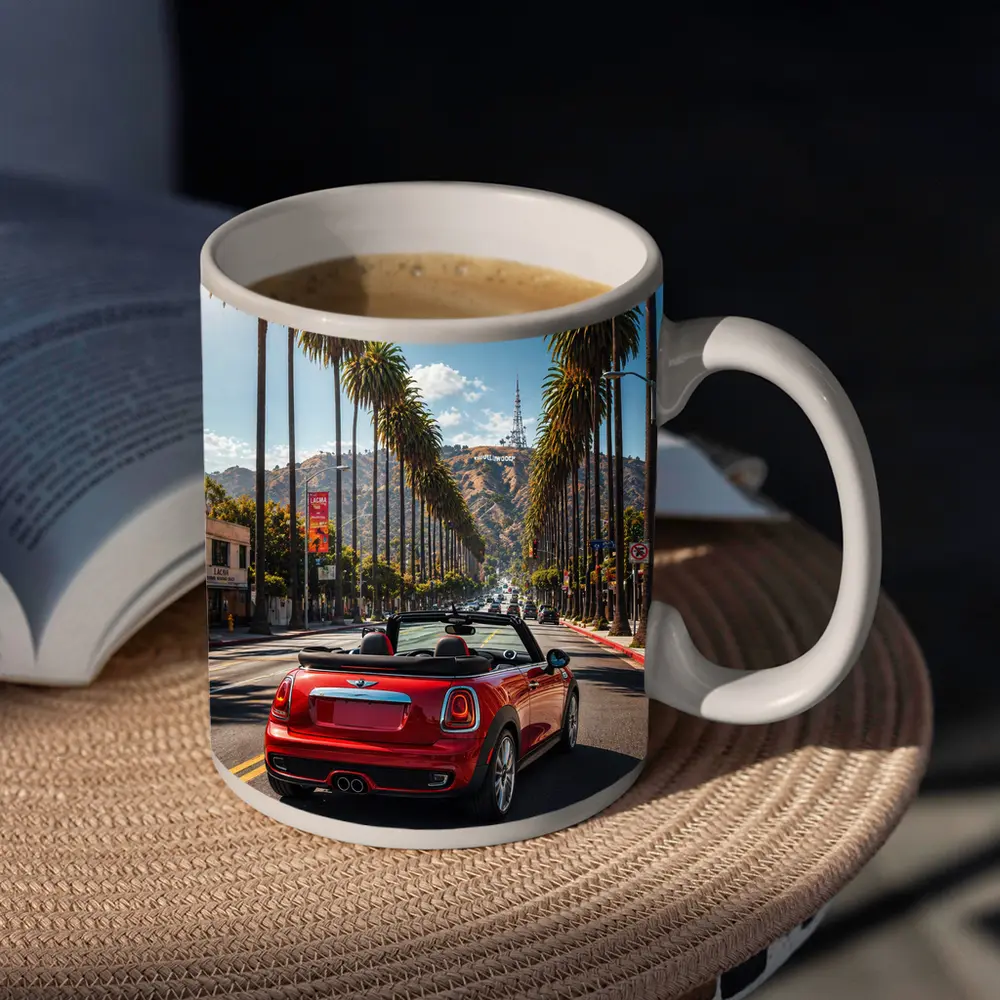Red Mini Cooper Convertible Hollywood Boulevard Drive – Mugs