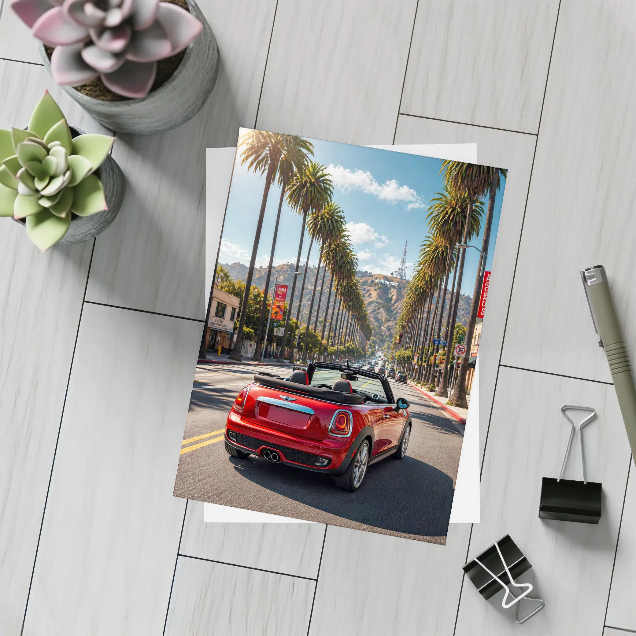 Red Mini Cooper Convertible Hollywood Boulevard Drive – Postcards