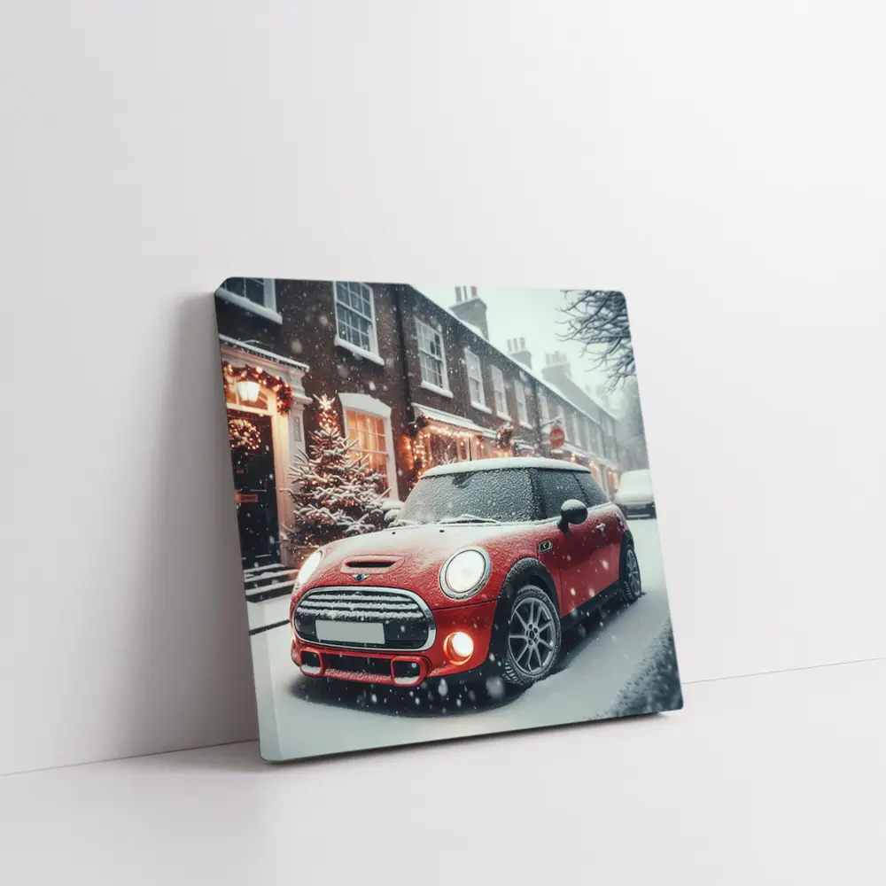 Red Mini Cooper S Snowy Christmas Street – Wall Art