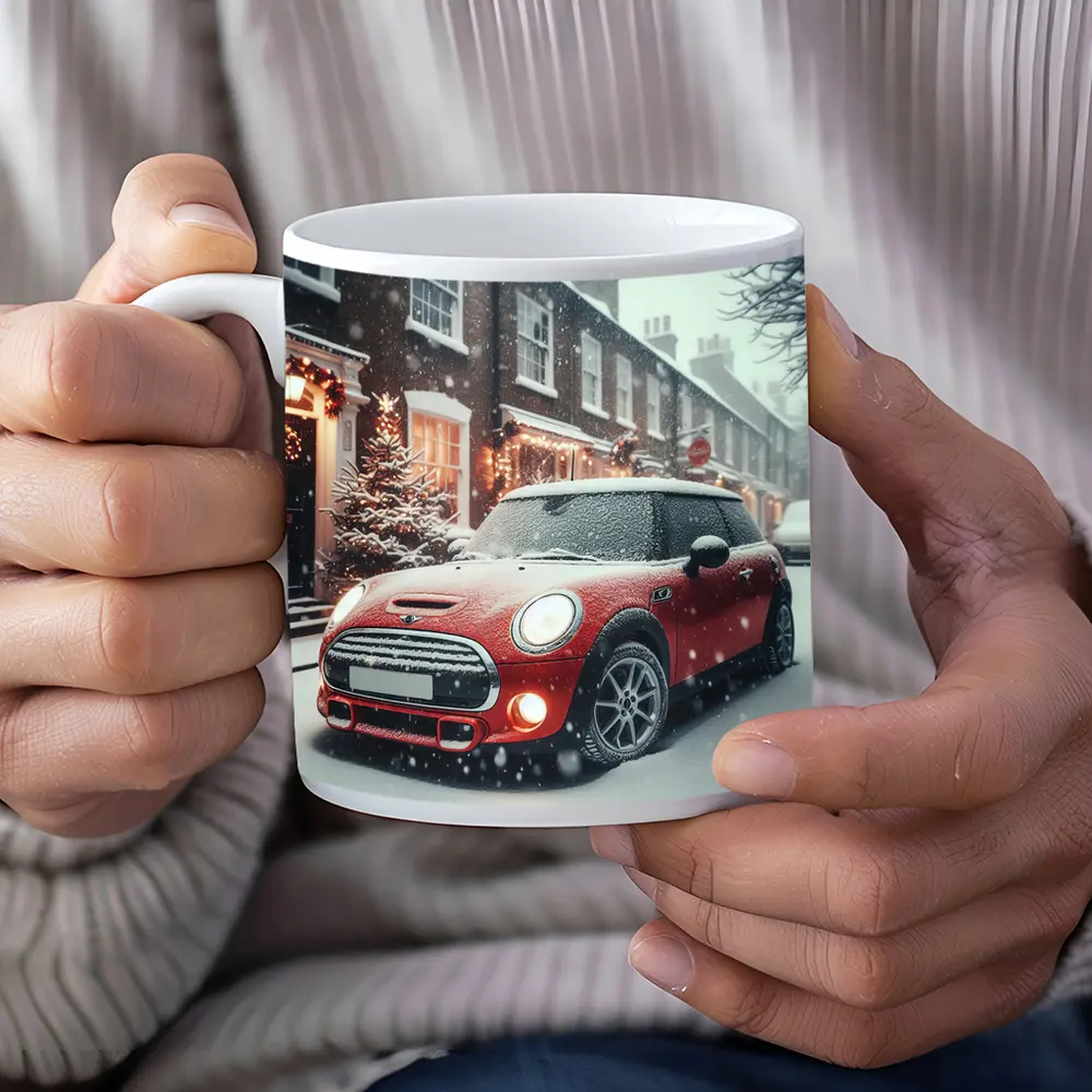 Red Mini Cooper S Snowy Christmas Street – Mugs