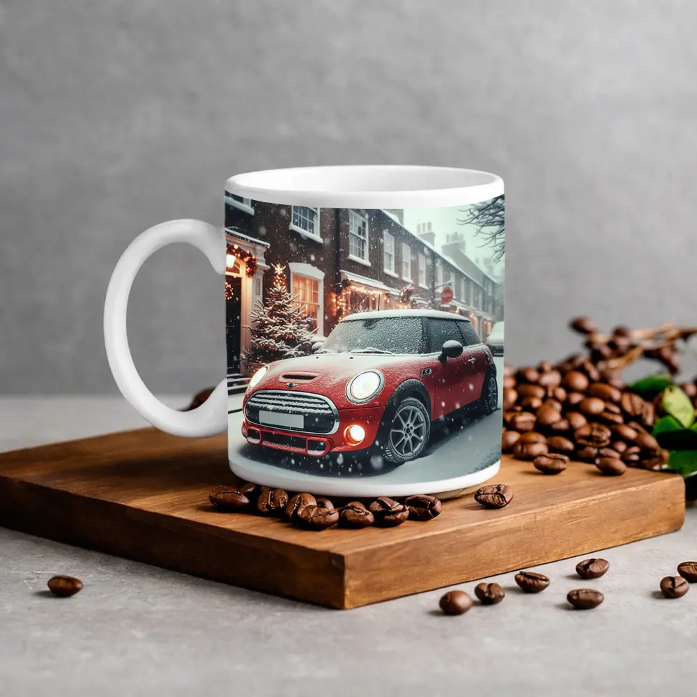 Red Mini Cooper S Snowy Christmas Street – Mugs