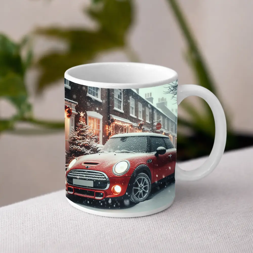 Red Mini Cooper S Snowy Christmas Street – Mugs