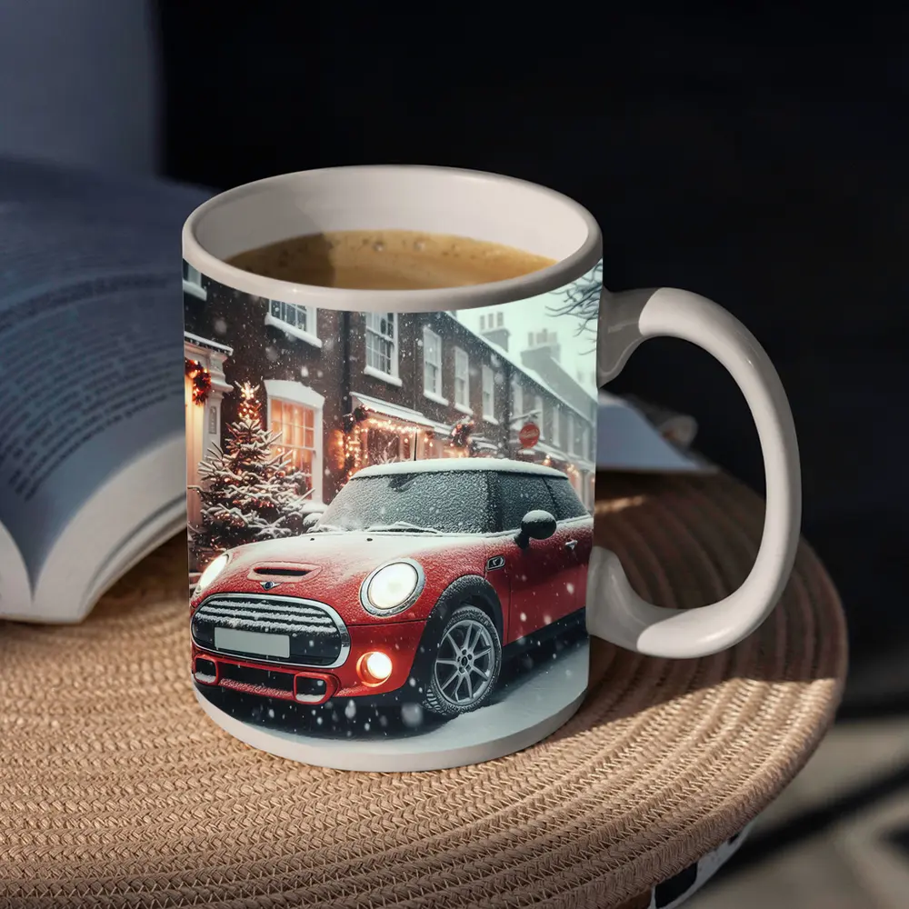 Red Mini Cooper S Snowy Christmas Street – Mugs