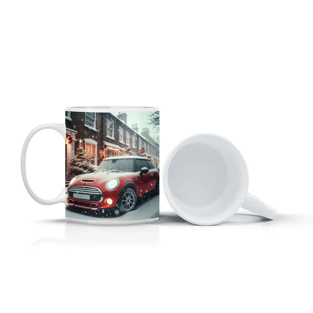 Red Mini Cooper S Snowy Christmas Street – Mugs