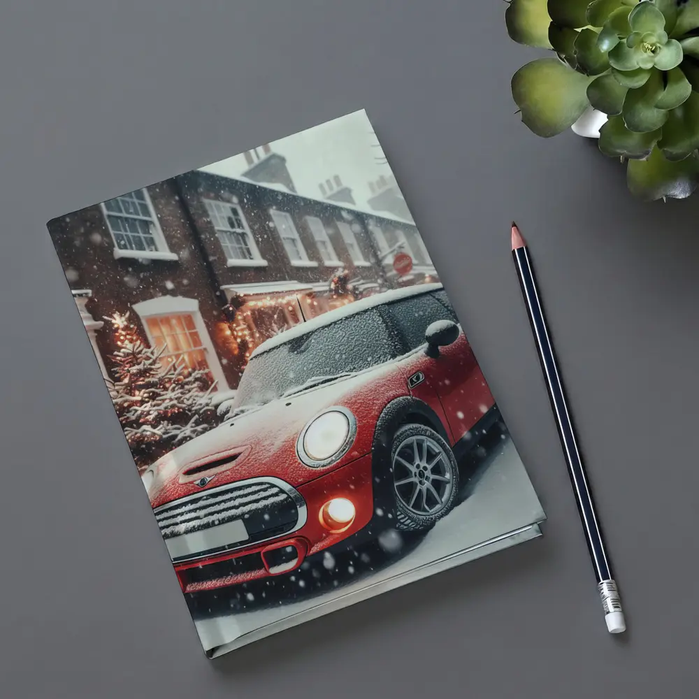 Red Mini Cooper S Snowy Christmas Street – Notebooks