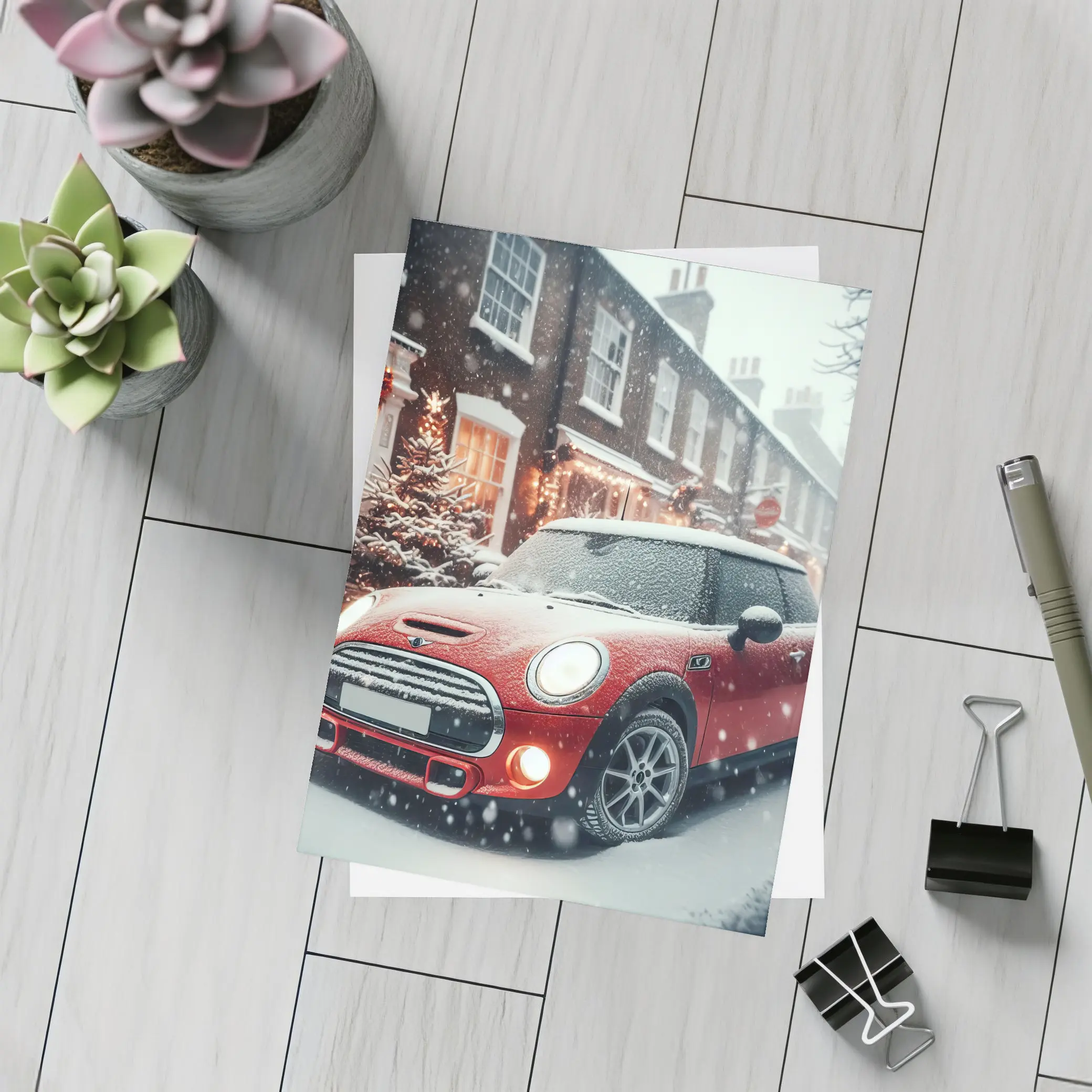 Red Mini Cooper S Snowy Christmas Street – Postcards