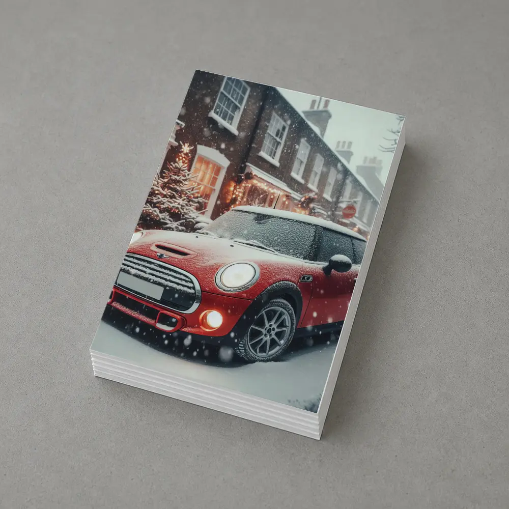 Red Mini Cooper S Snowy Christmas Street – Postcards
