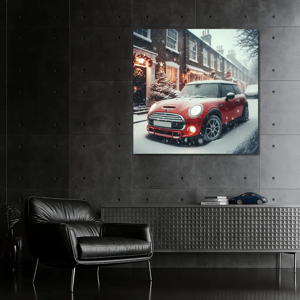 Red Mini Cooper S Snowy Christmas Street – Wall Art