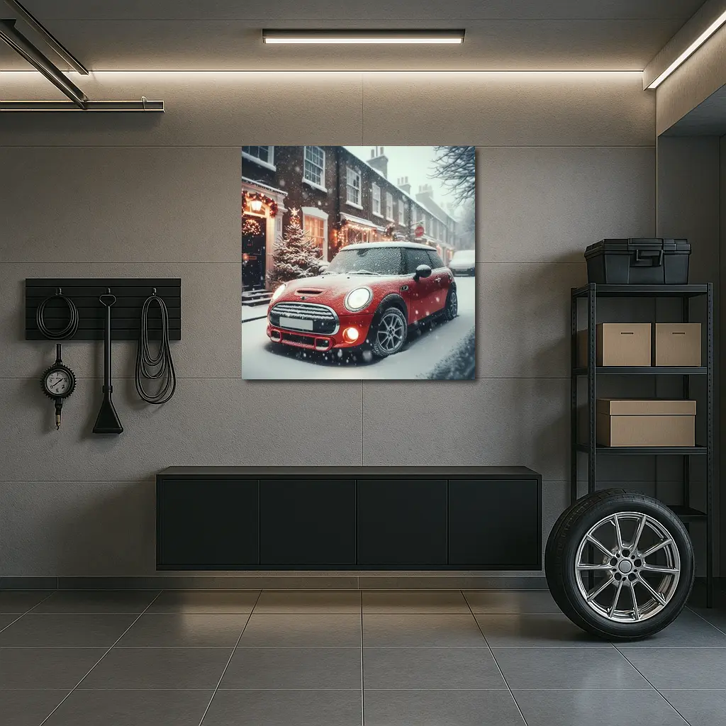 Red Mini Cooper S Snowy Christmas Street – Wall Art