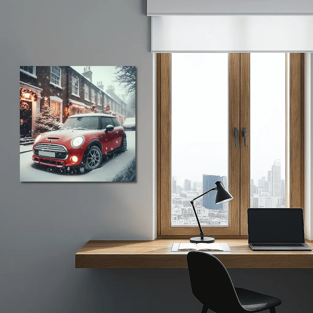 Red Mini Cooper S Snowy Christmas Street – Wall Art
