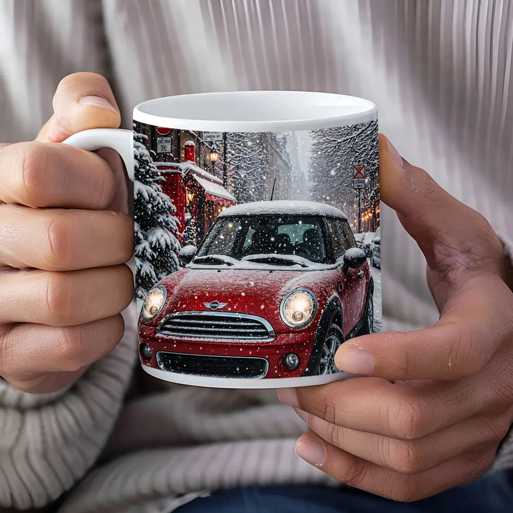 Mini Cooper Red Car Snowy London Street – Mugs