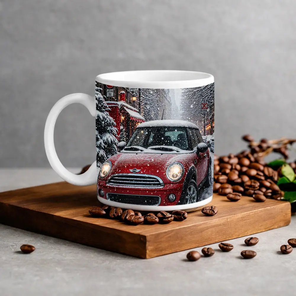 Mini Cooper Red Car Snowy London Street – Mugs