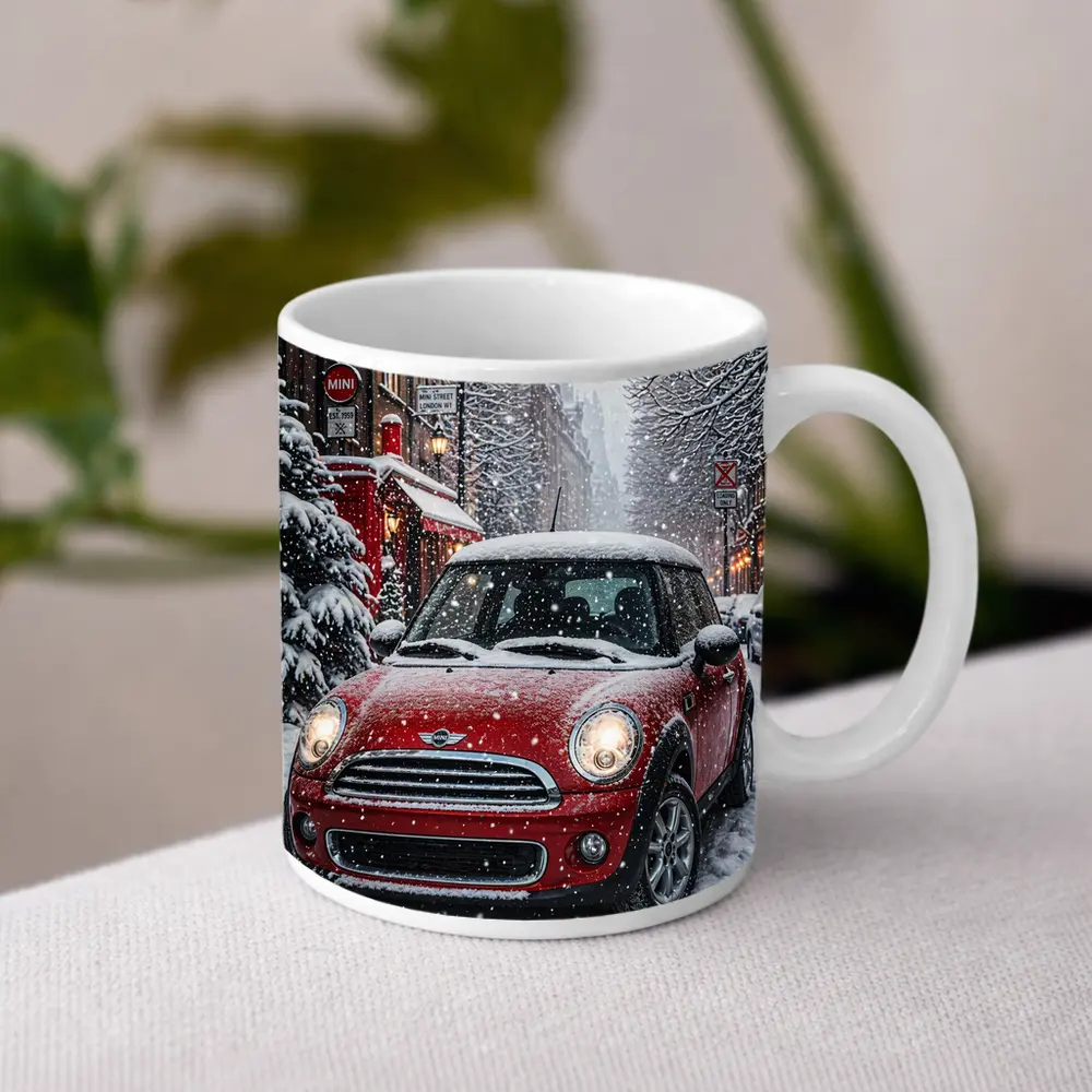 Mini Cooper Red Car Snowy London Street – Mugs