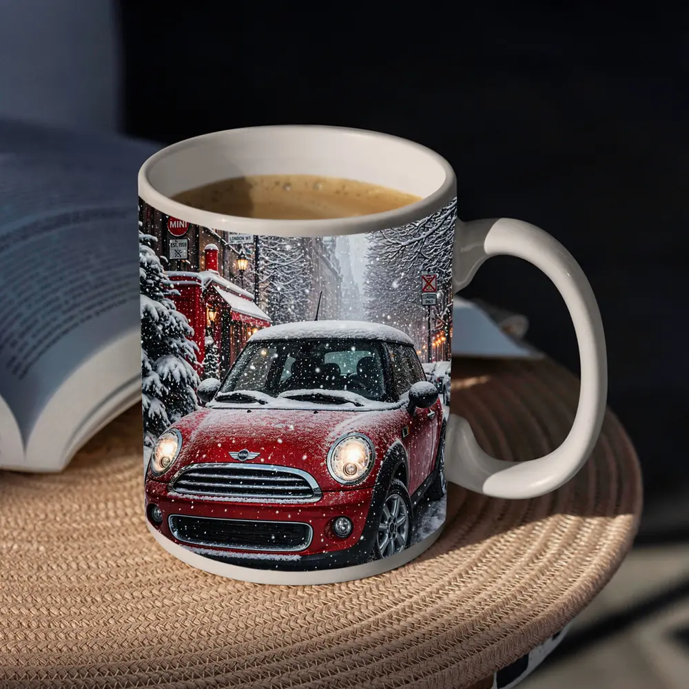 Mini Cooper Red Car Snowy London Street – Mugs