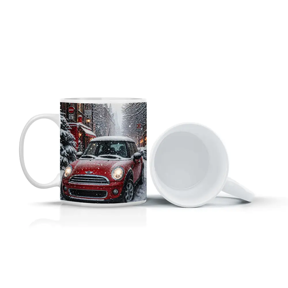 Mini Cooper Red Car Snowy London Street – Mugs