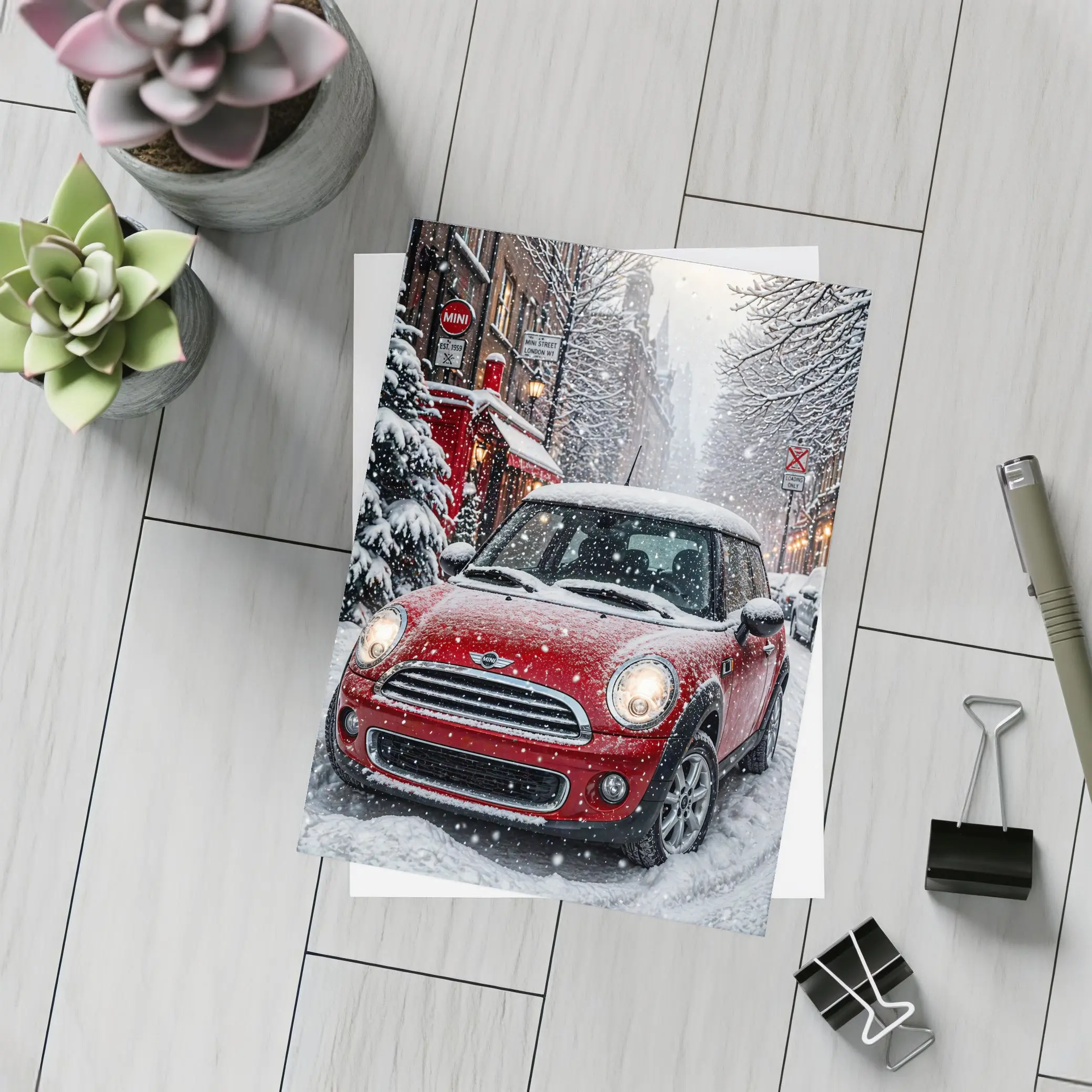 Mini Cooper Red Car Snowy London Street – Postcards