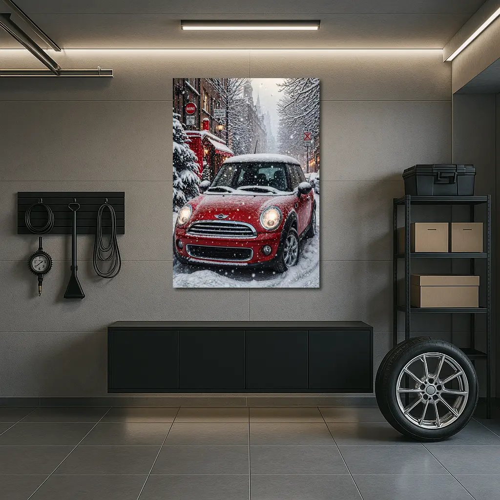 Mini Cooper Red Car Snowy London Street – Wall Art