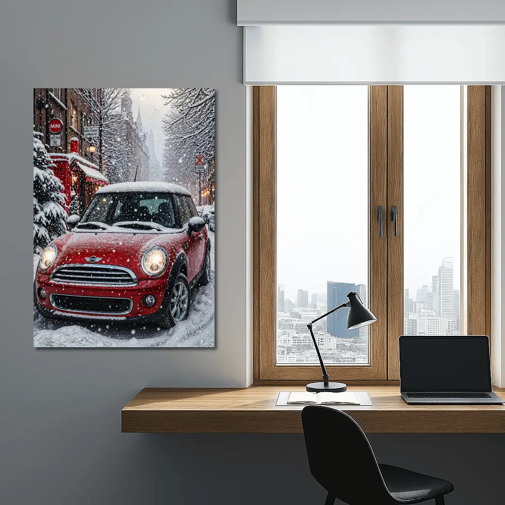 Mini Cooper Red Car Snowy London Street – Wall Art