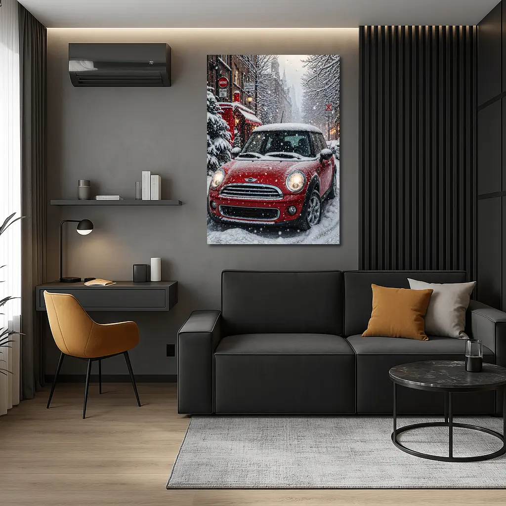 Mini Cooper Red Car Snowy London Street – Wall Art