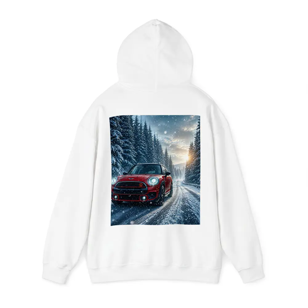Red Mini Countryman Driving Snowy Forest Road – Hoodies