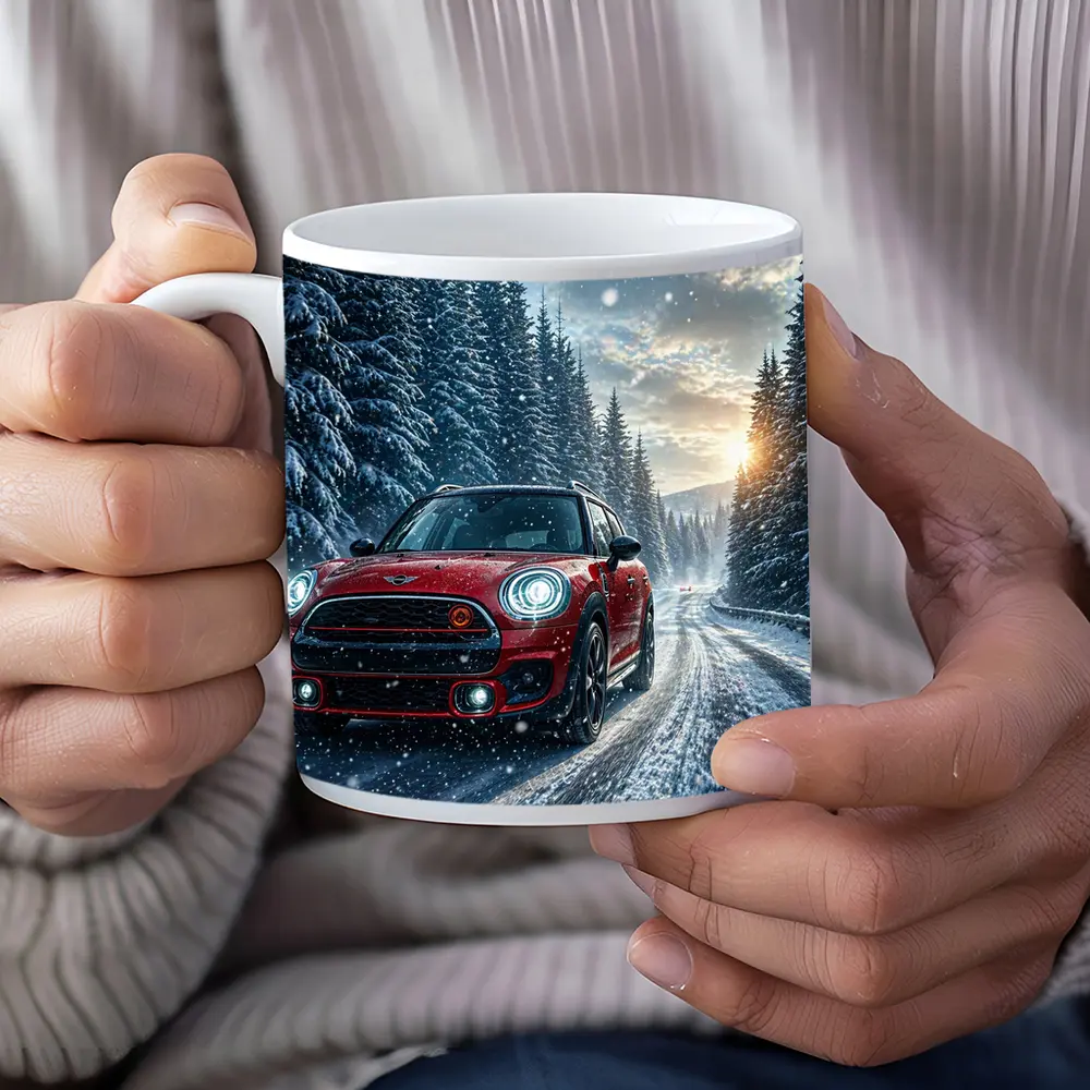 Red Mini Countryman Driving Snowy Forest Road – Mugs