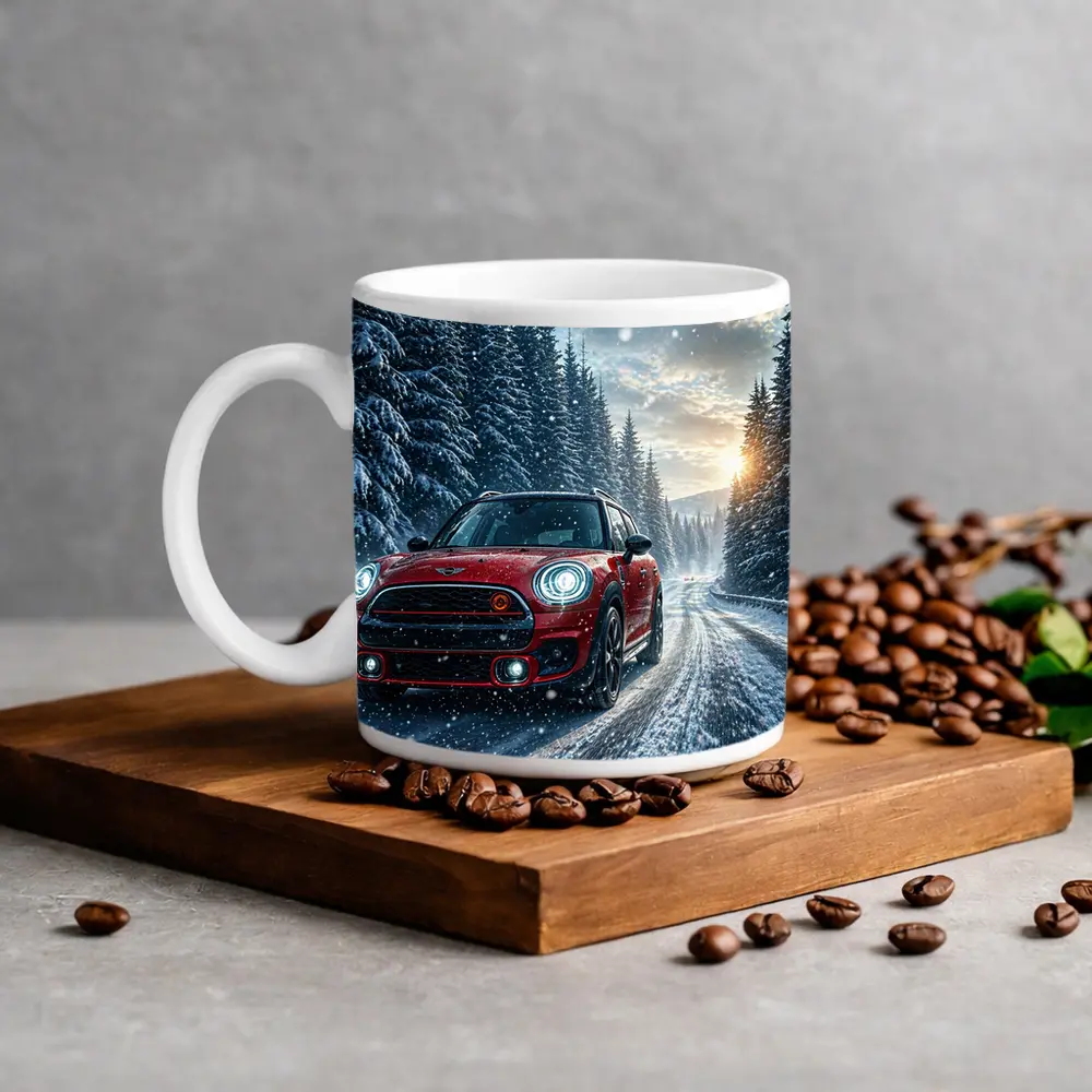 Red Mini Countryman Driving Snowy Forest Road – Mugs