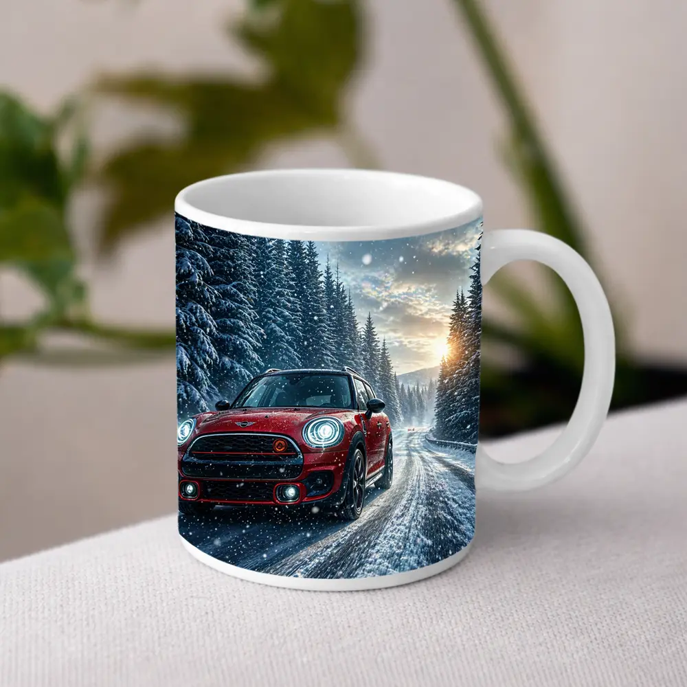 Red Mini Countryman Driving Snowy Forest Road – Mugs