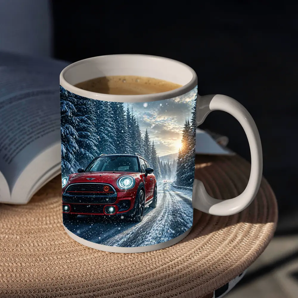 Red Mini Countryman Driving Snowy Forest Road – Mugs