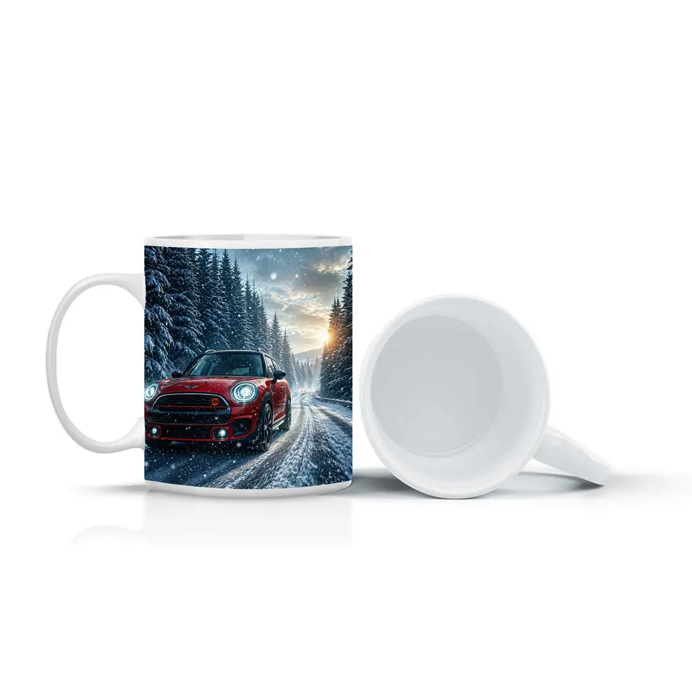 Red Mini Countryman Driving Snowy Forest Road – Mugs