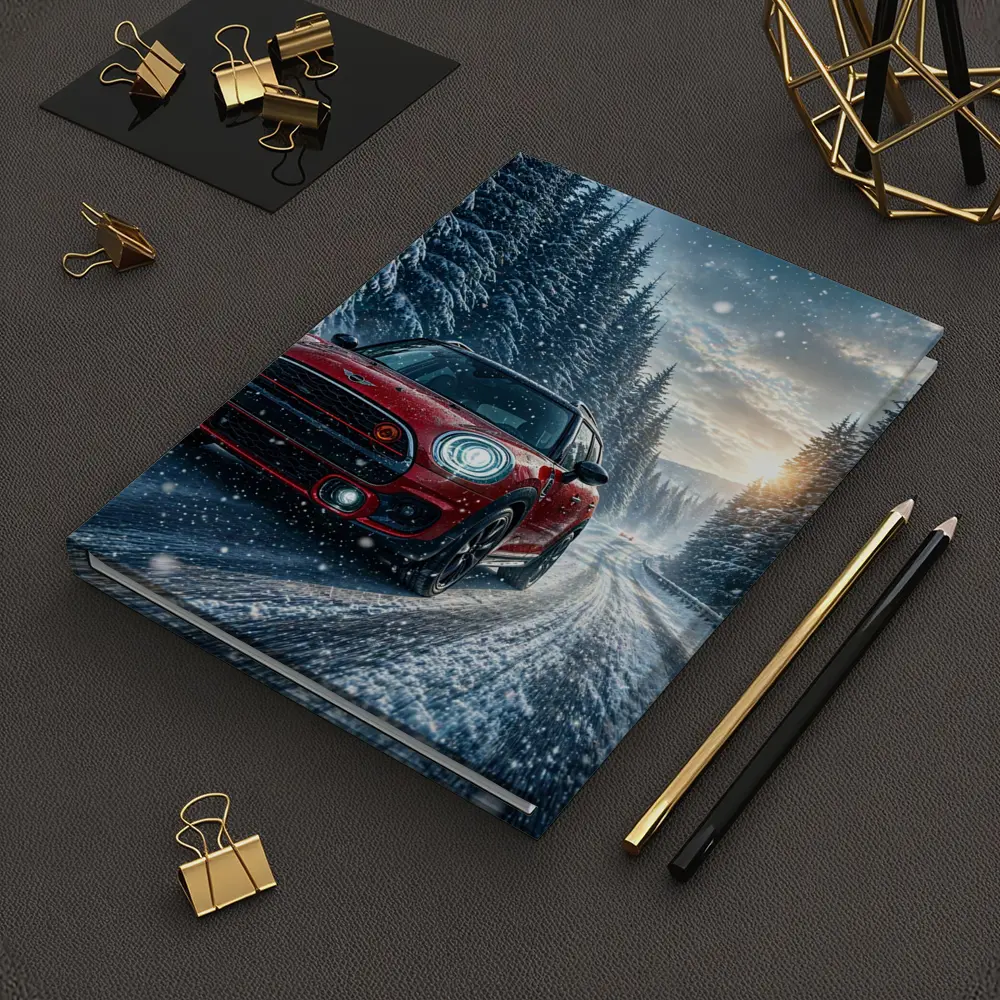 Red Mini Countryman Driving Snowy Forest Road – Notebooks