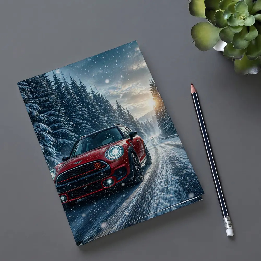 Red Mini Countryman Driving Snowy Forest Road – Notebooks