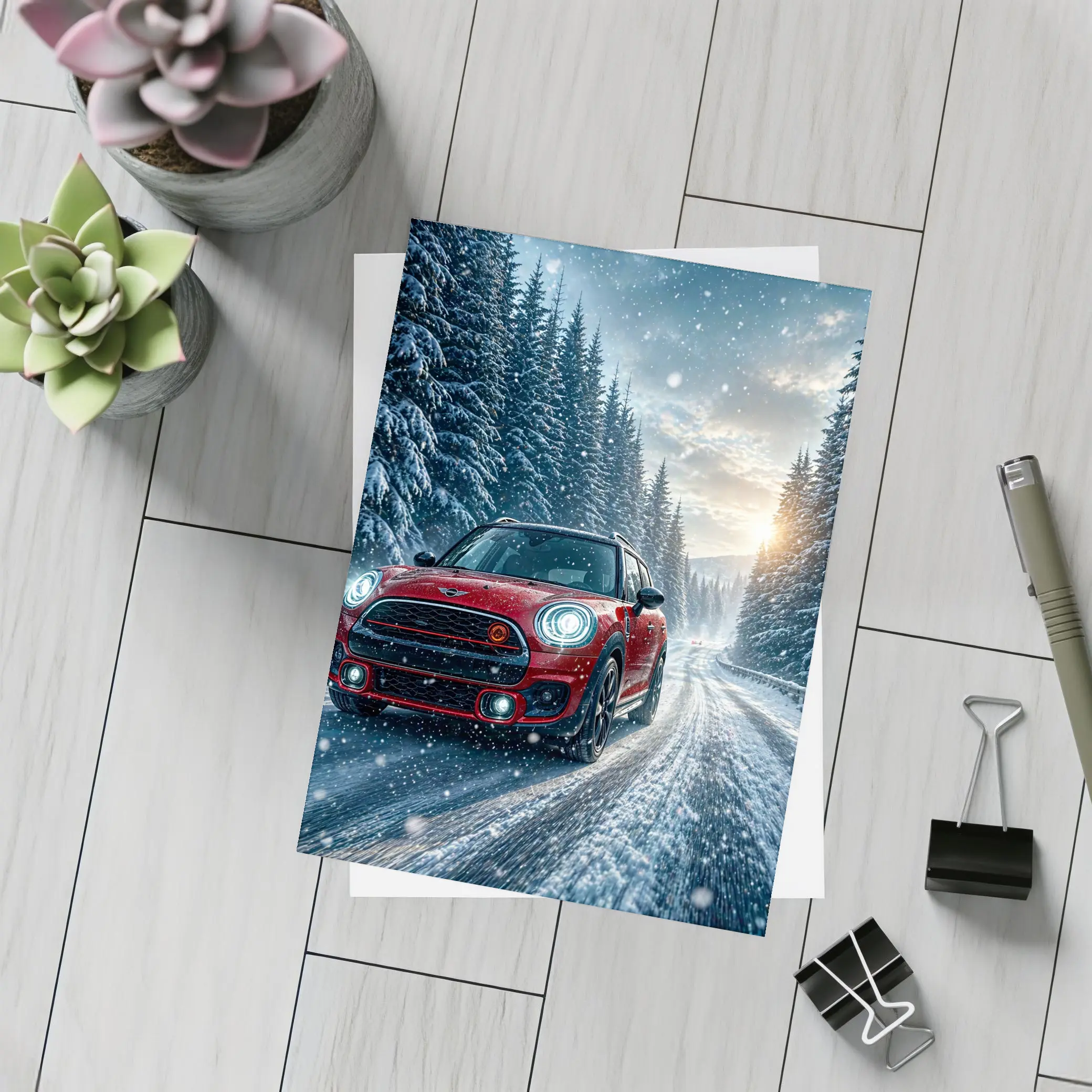 Red Mini Countryman Driving Snowy Forest Road – Postcards