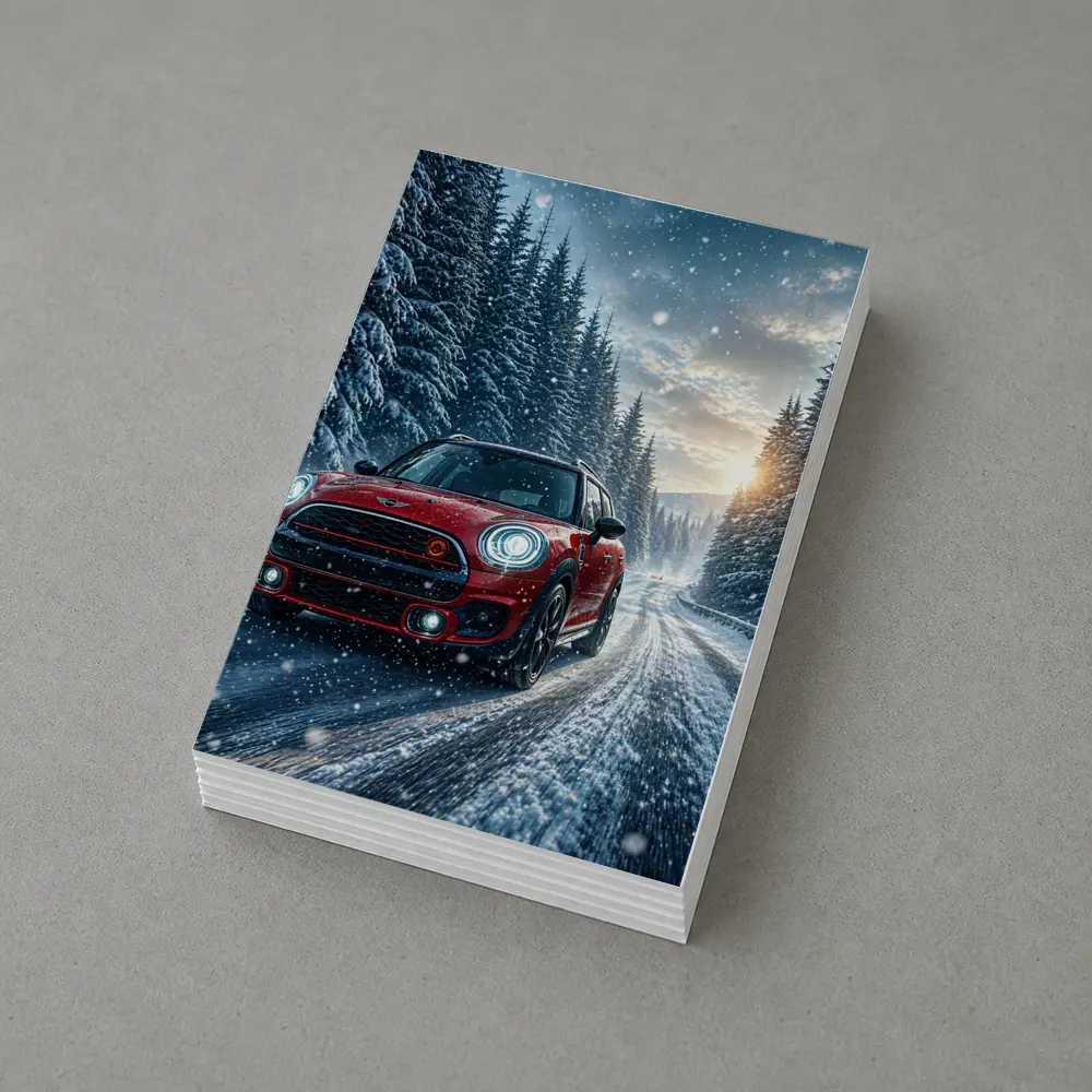 Red Mini Countryman Driving Snowy Forest Road – Postcards