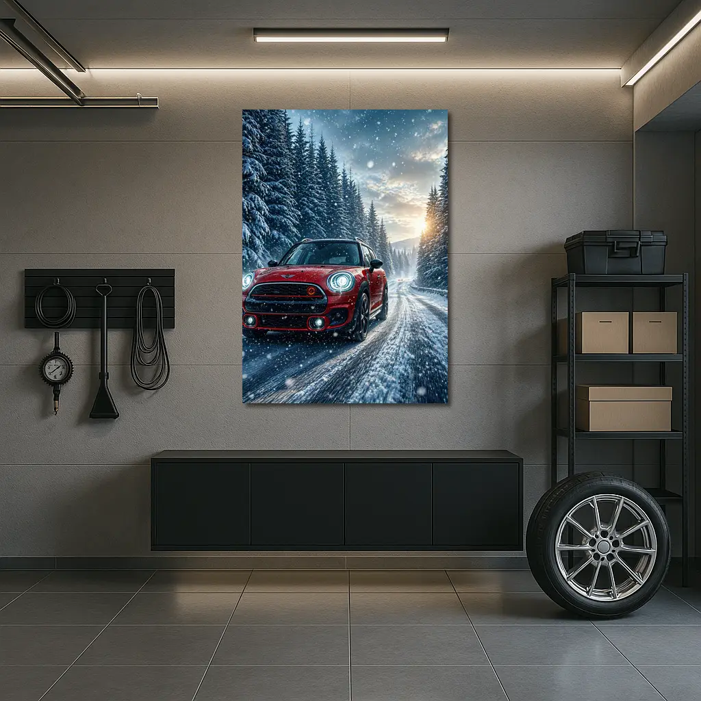 Red Mini Countryman Driving Snowy Forest Road – Wall Art