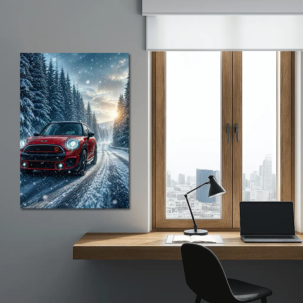 Red Mini Countryman Driving Snowy Forest Road – Wall Art