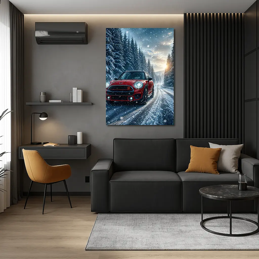 Red Mini Countryman Driving Snowy Forest Road – Wall Art