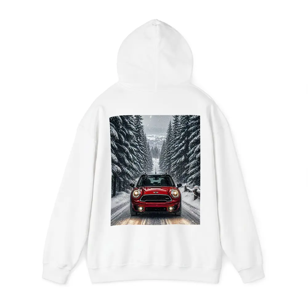 Mini Countryman Red SUV Snowy Forest Road – Hoodies