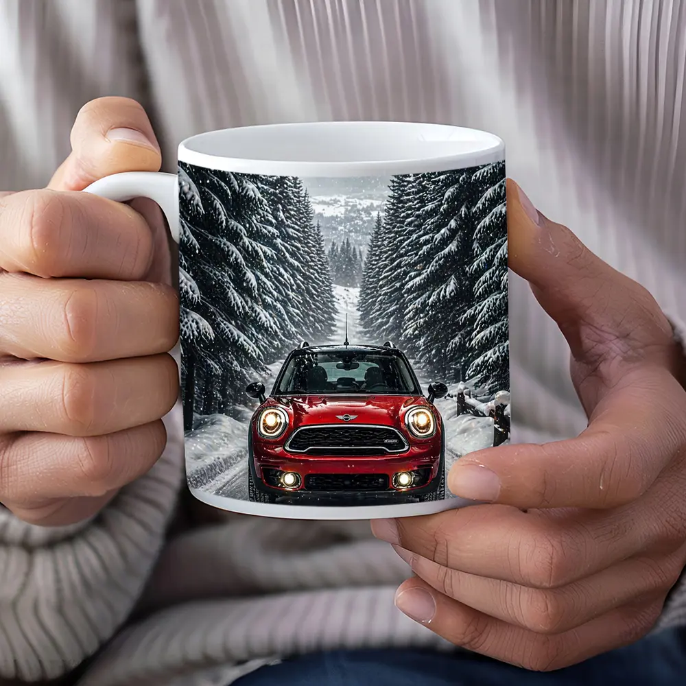 Mini Countryman Red SUV Snowy Forest Road – Mugs