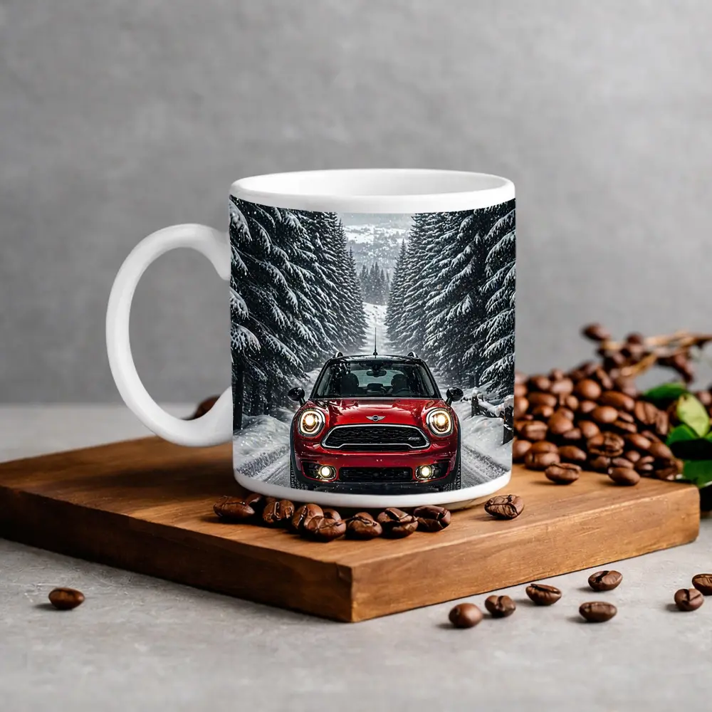 Mini Countryman Red SUV Snowy Forest Road – Mugs