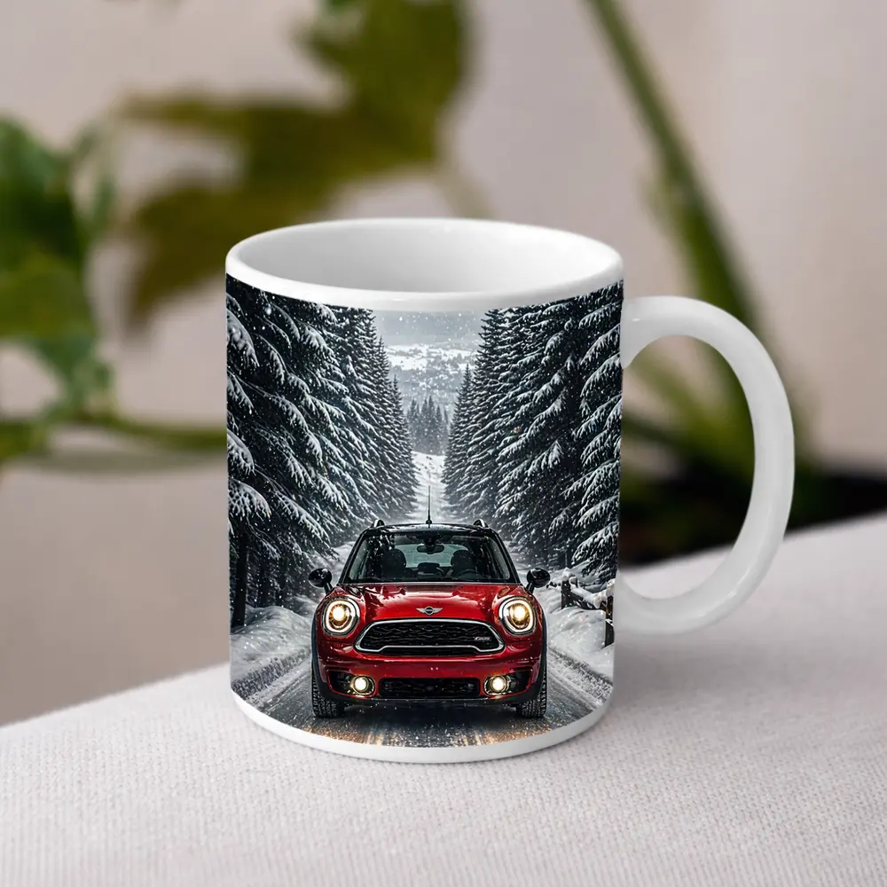 Mini Countryman Red SUV Snowy Forest Road – Mugs