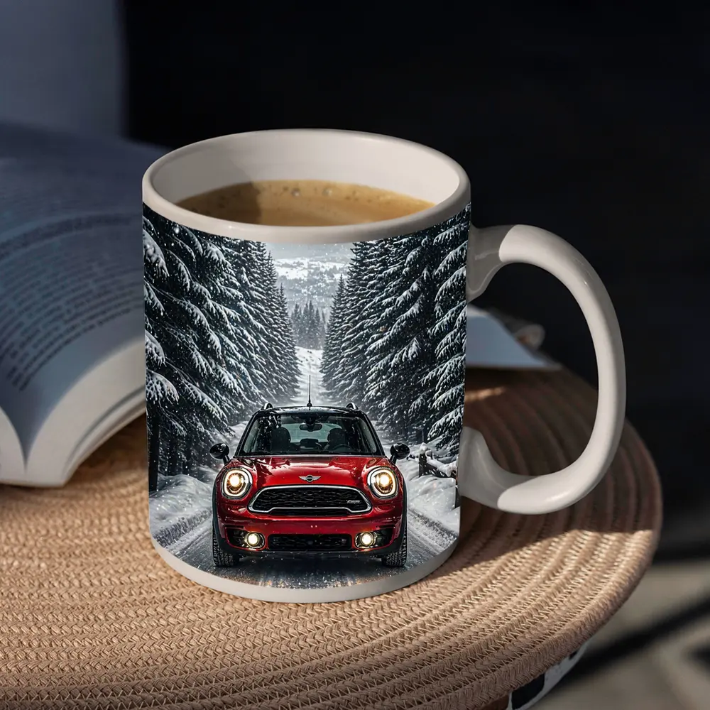 Mini Countryman Red SUV Snowy Forest Road – Mugs