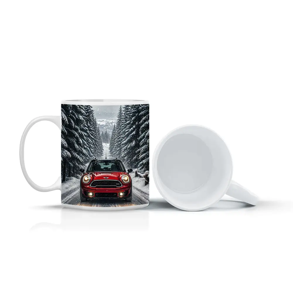 Mini Countryman Red SUV Snowy Forest Road – Mugs
