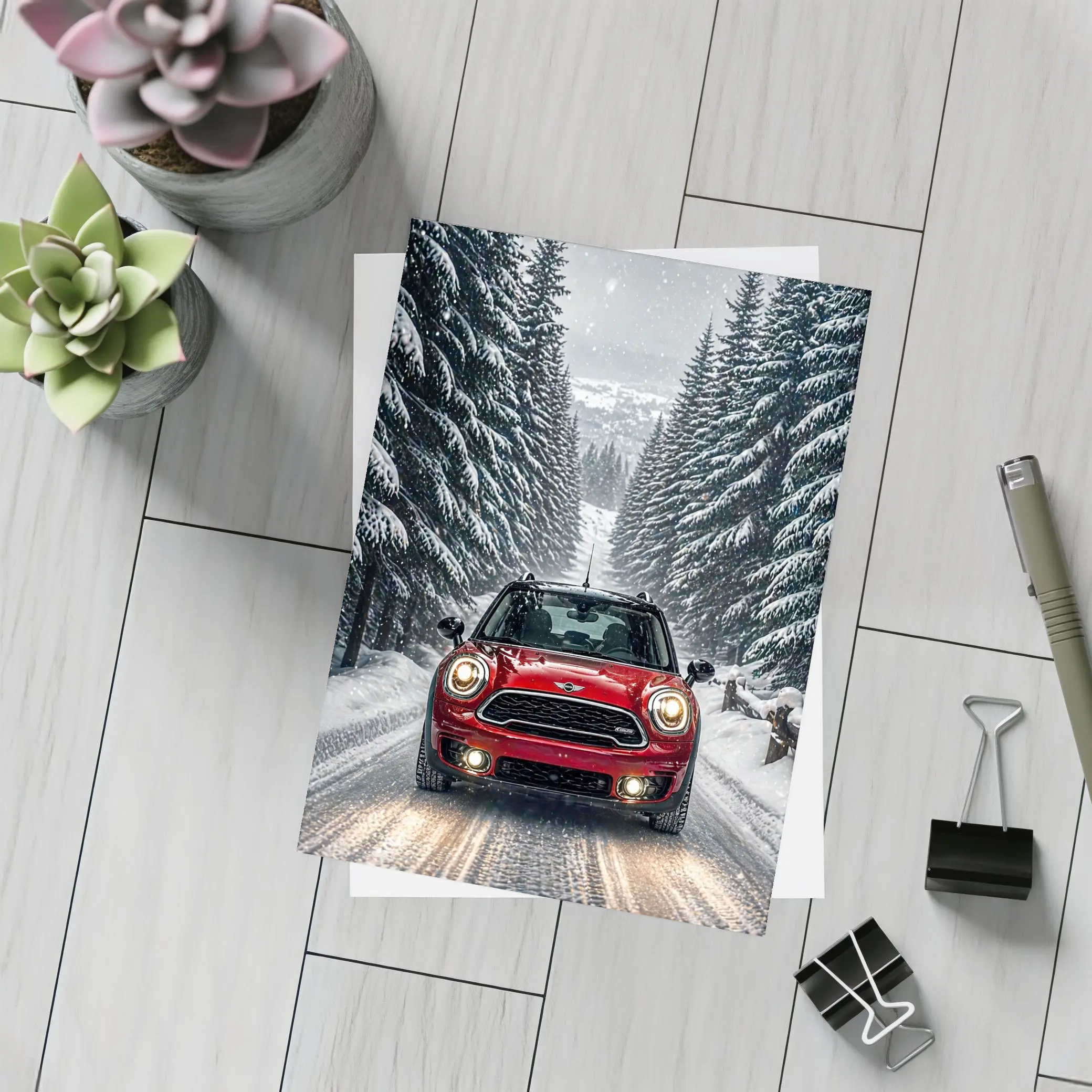 Mini Countryman Red SUV Snowy Forest Road – Postcards