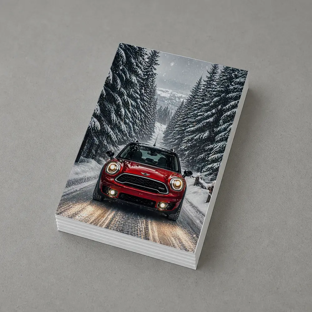 Mini Countryman Red SUV Snowy Forest Road – Postcards