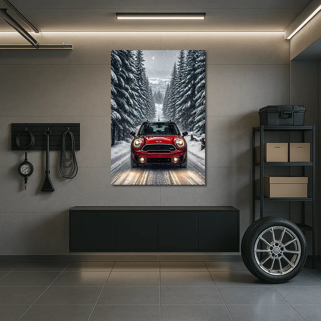 Mini Countryman Red SUV Snowy Forest Road – Wall Art