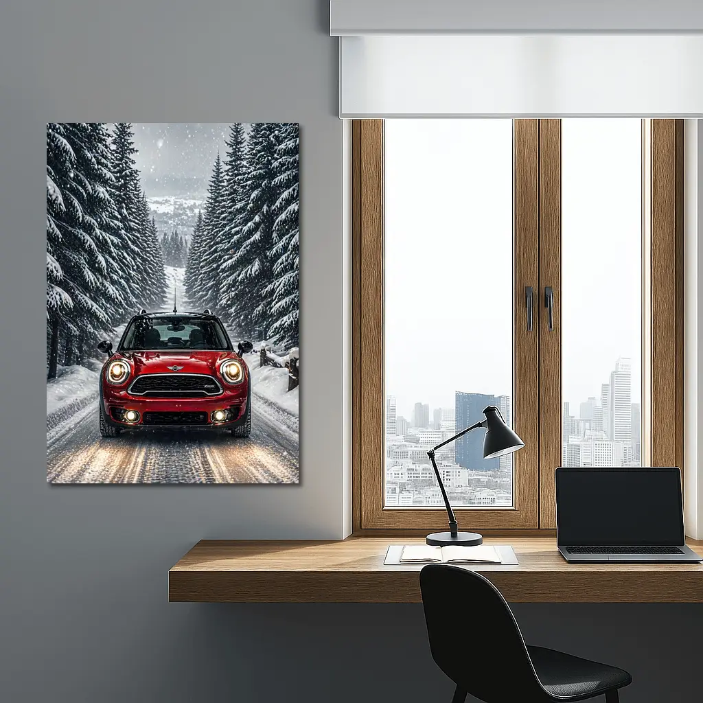 Mini Countryman Red SUV Snowy Forest Road – Wall Art