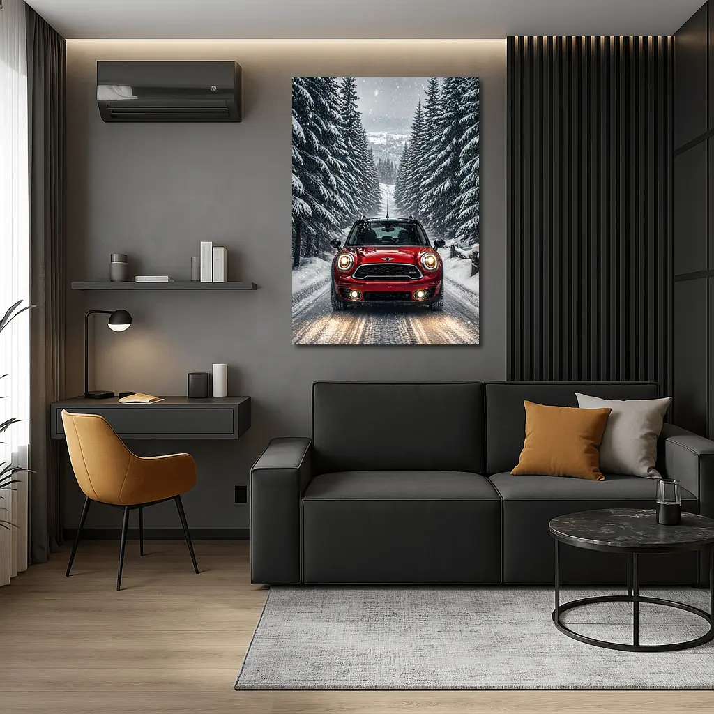 Mini Countryman Red SUV Snowy Forest Road – Wall Art