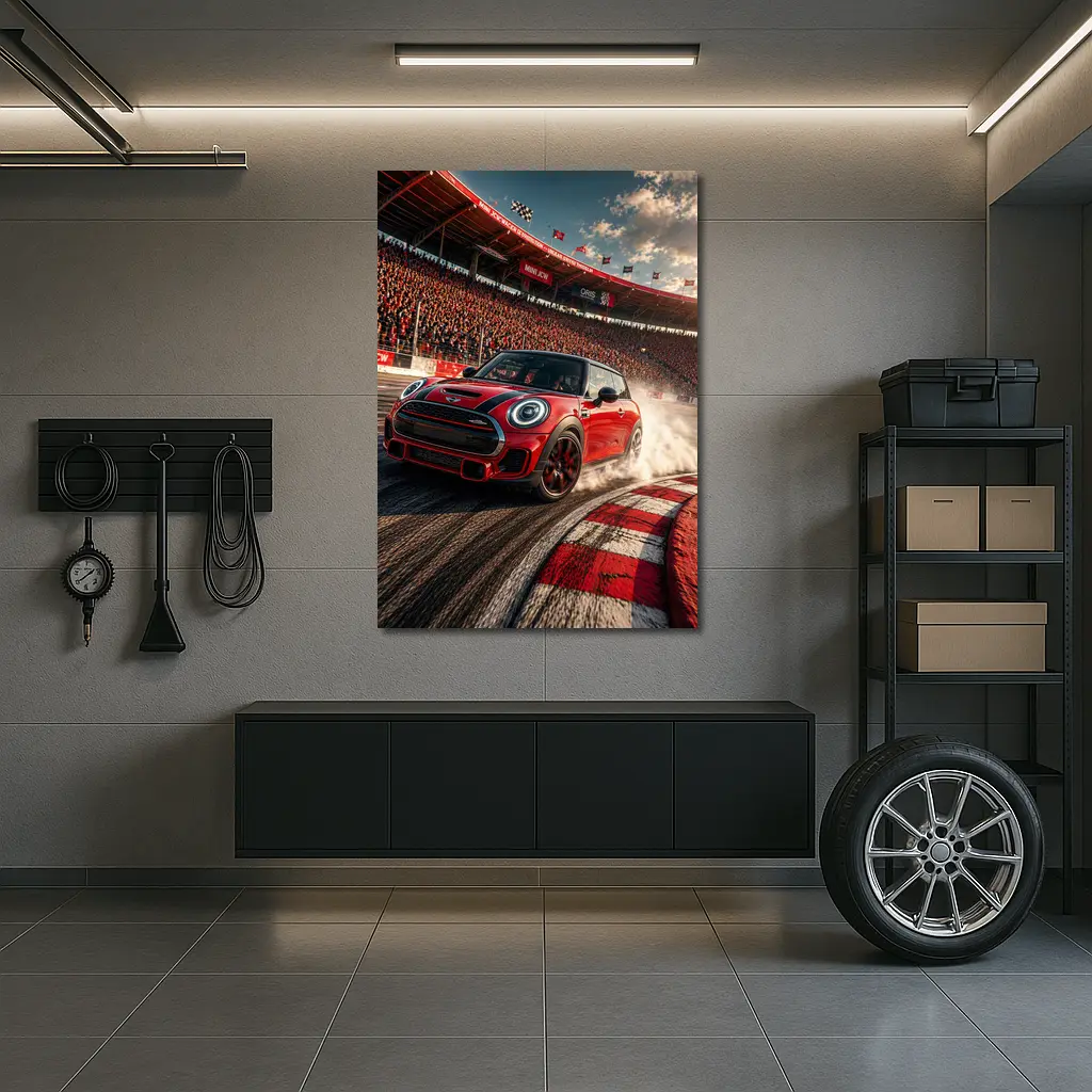 Mini Cooper S Red Racing Track Burnout – Wall Art