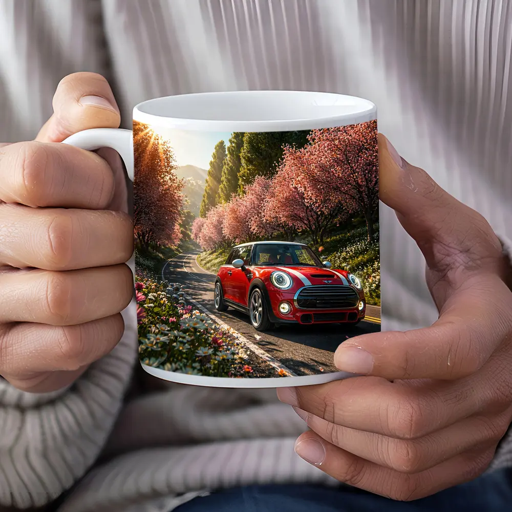Red Mini Cooper S Cherry Blossom Road – Mugs