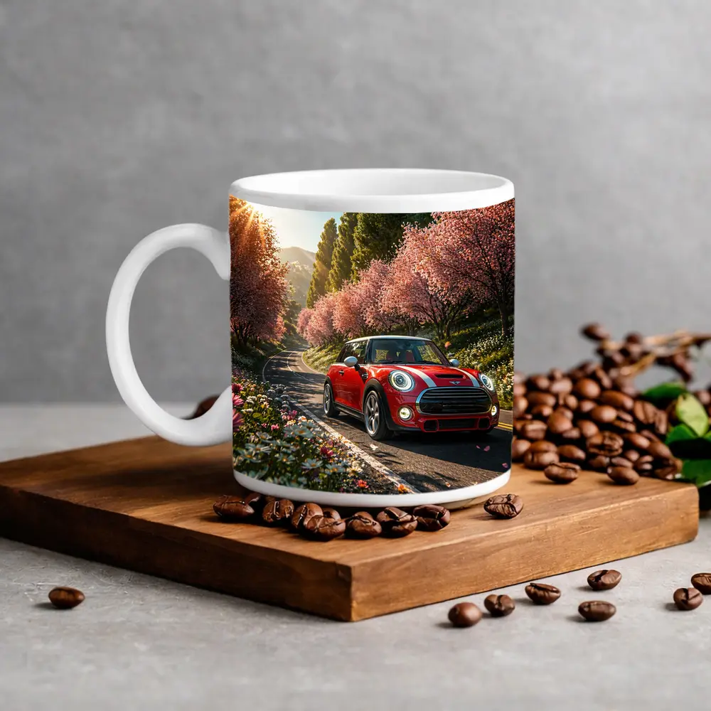 Red Mini Cooper S Cherry Blossom Road – Mugs